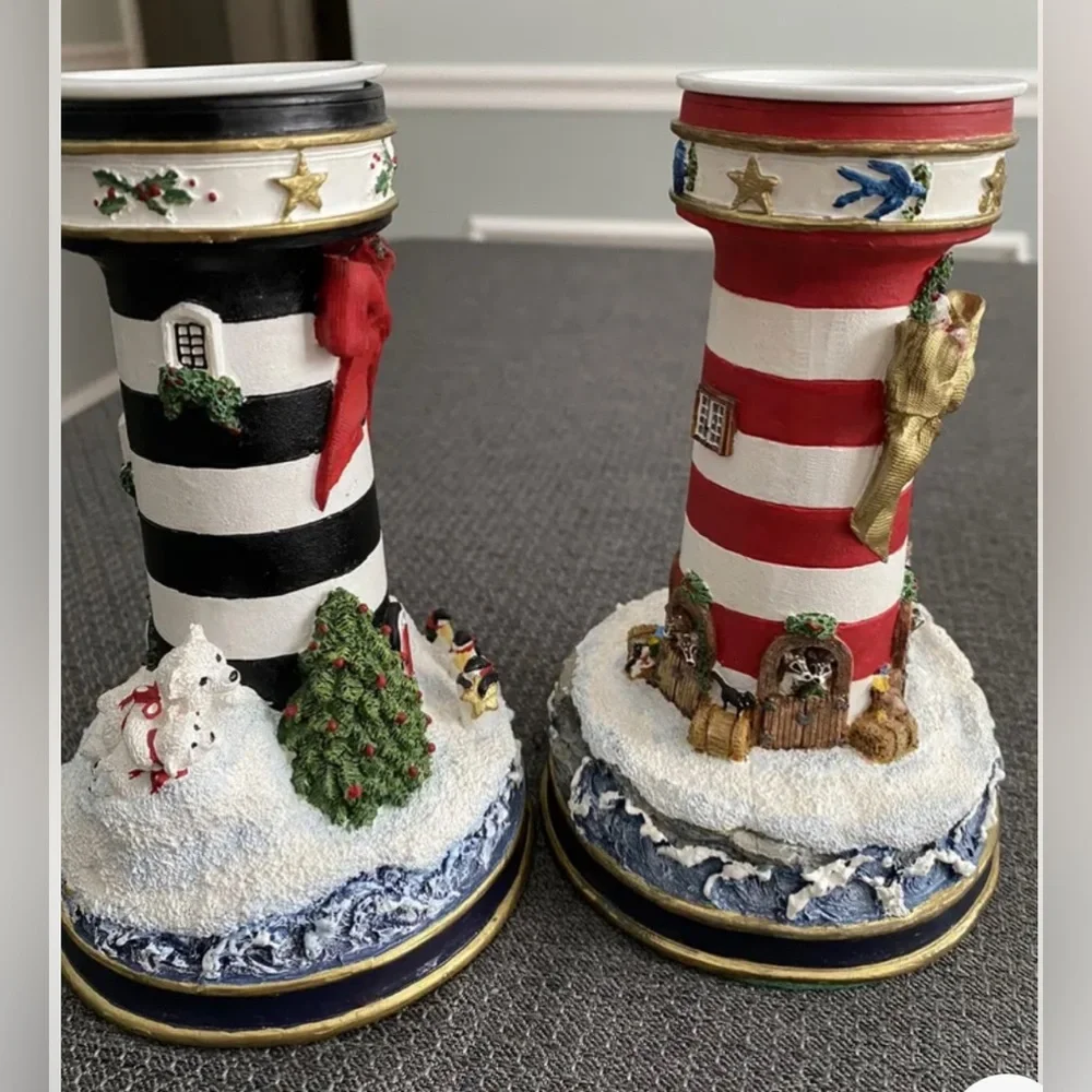 Pair of Danbury Mint Lighthouse Candle Holders‎ Christmas Santa Polar Bear